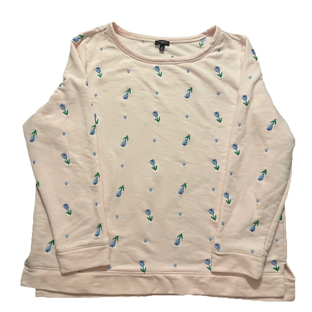 Talbots Pink Crewneck Sweatshirt Blue Embroidered Tulips Dots Size Plus 1X